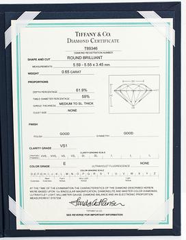 Tiffany & Co, ring, platina och diamant 0.65 ct.