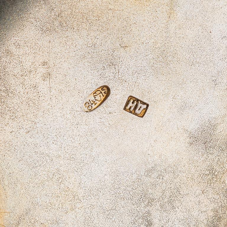 A salt cellar, mark of D. Nikitin, and 2 spoons, poss. P. Abrosimov and M. Andreyevna, enamel, silver. Moscow 1899-1908.