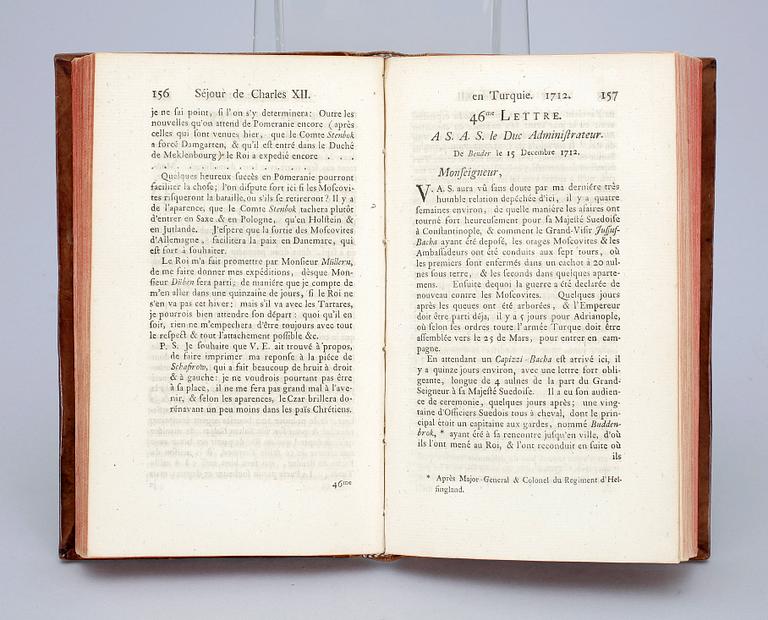 KUNGLIG BOK, "Anecdotes du sejour du ROI DE SUEDE a Bender...", FE von Fabricius, Hamburg 1760.