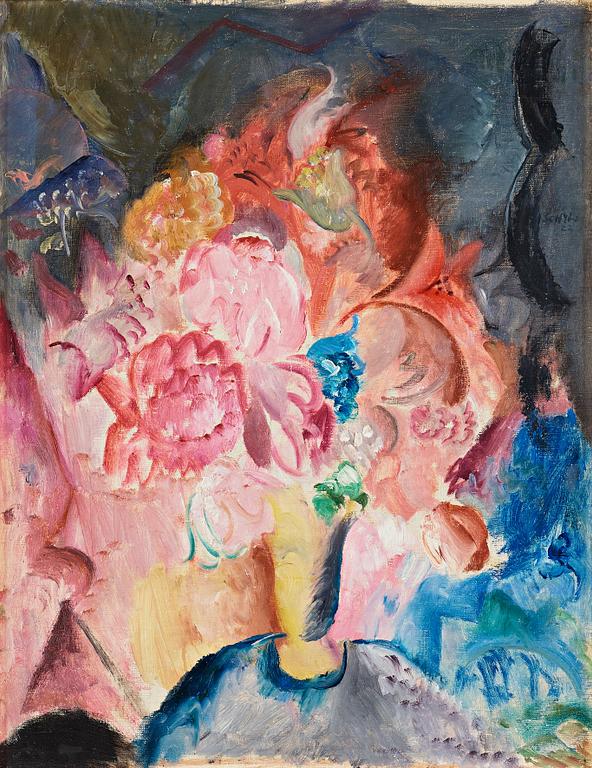 Jules Schyl, Flowers in yellow vase.