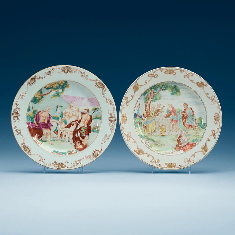Two famille rose 'European Subject' dinner plates, Qing dynasty, Qianlong (1736-95).