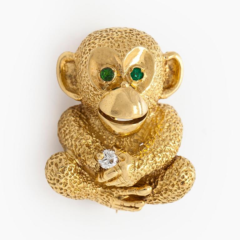 Brooch, 18K gold, diamond and emeralds.