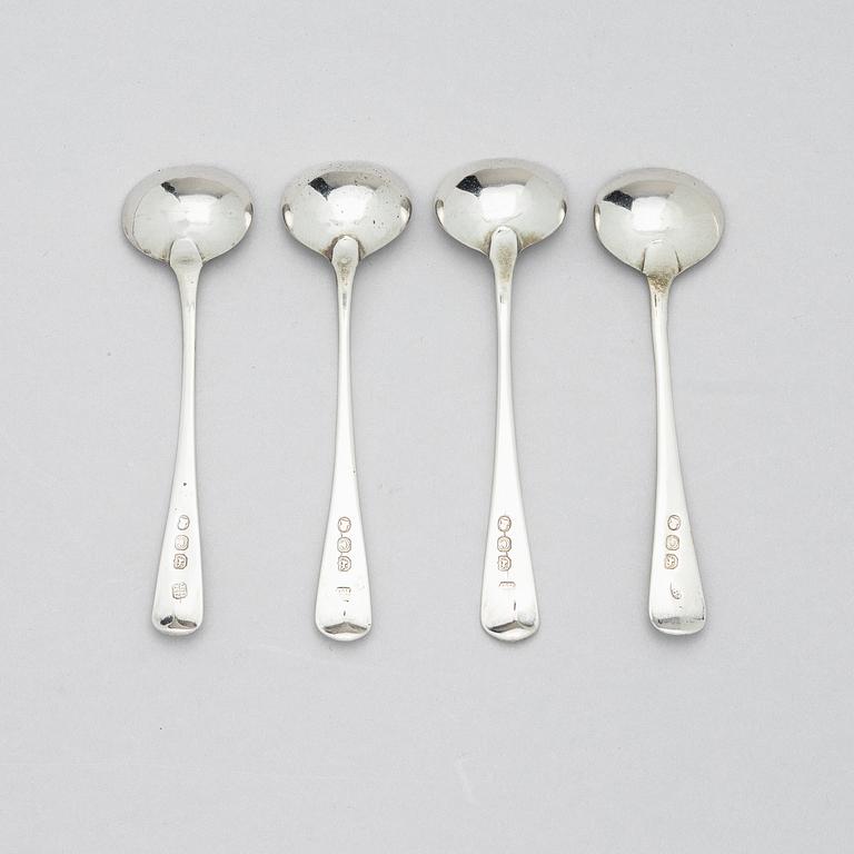 Four English 18th century silver salt-cellars, mark of William Fountain & Daniel Pontifax, London 1791, and spoons.