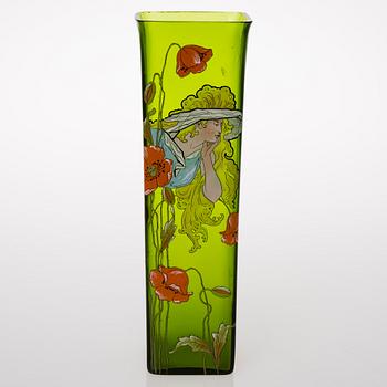 A VASE, glas with painted decoration, Jugend ca 1900.