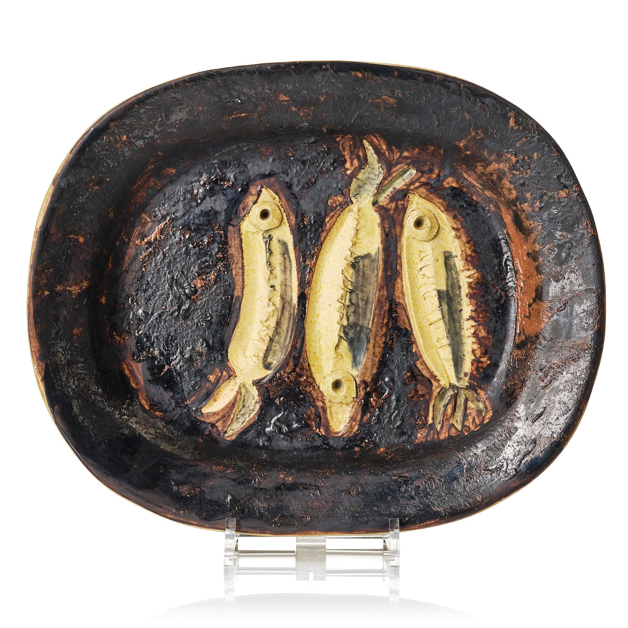 Pablo Picasso, a "Trois Sardines" (A.R. 34), faience dish, Madoura, Vallauris, France, post 1948.