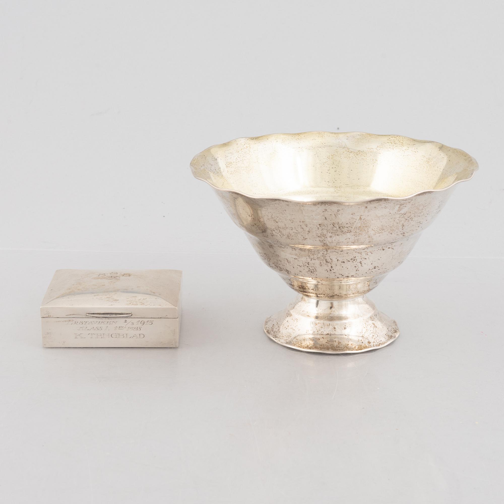 Bowl CG Hallberg 1928 and cigarette case K Anderson 1910 silver.