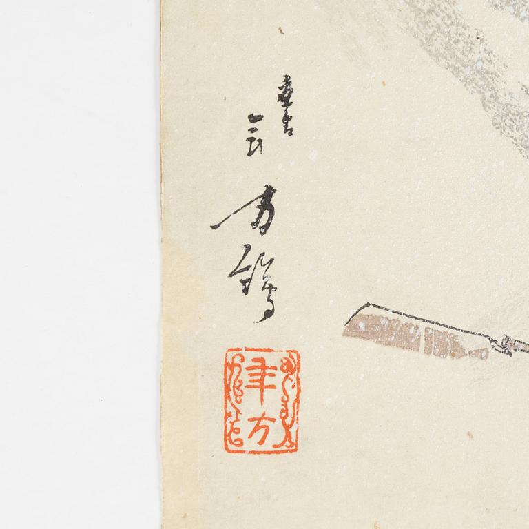 Toshikata Mizuno, a woodblock print triptych in colours, late 19th Century.