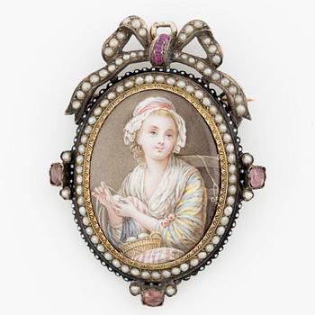 Brooch/pendant, silver, with portrait, after Jean-Baptiste Greuze, with seed pearls and small rubies.