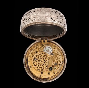 A silver verge pocket watch, Le Count, London, 18th century.