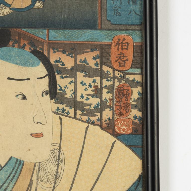 Utagawa Kunisada och Utagawa Kuniyoshi, färgträsnitt, 2st, Japan, 1800-talets mitt.