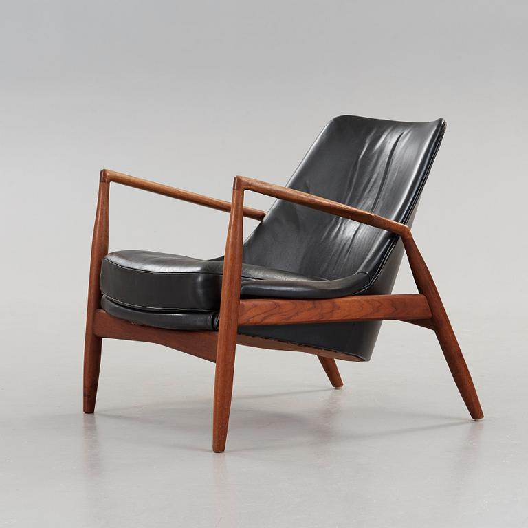 Ib Kofod-Larsen, a 'Seal' teak and black leather armchair, Olof Persson Möbler, Jönköping, Sweden 1950's-60's.