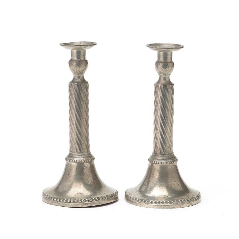 A pair of Gustavian pewter candlesticks by E P Krietz 1797.