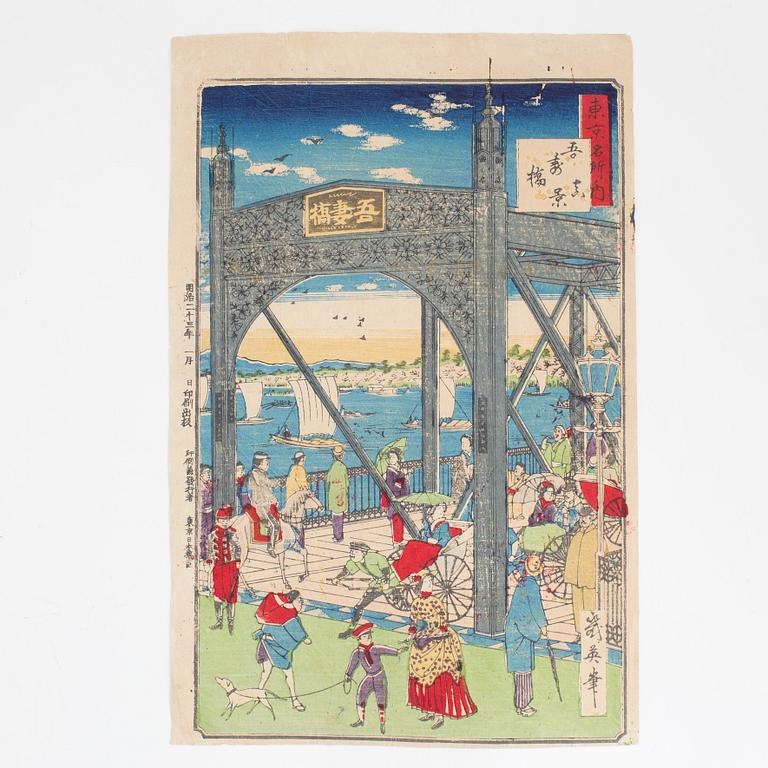 A set of three Japanese woodblock prints, including Kobayashi Ikuhide, later opart of the 19th Century.