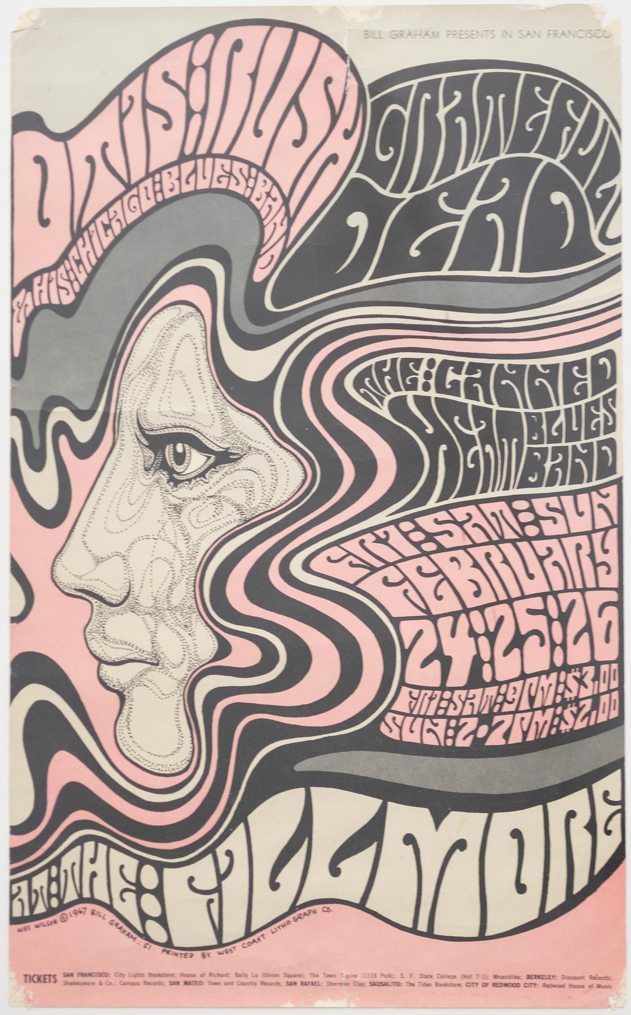 Wes Wilson, Bonnie MacLean & Greg Irons, "Bill Graham Presents", concert posters, 3 pcs. including West Coast Lithograph, 1967.