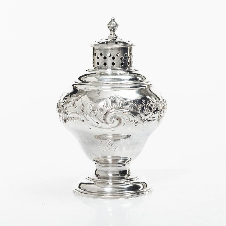 An English silver sugar caster, London 1751, probably Samuel Taylor.