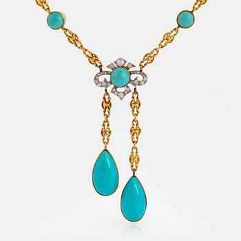 An 18K gold and platinum necklace set with turquoises and old-cut diamonds.