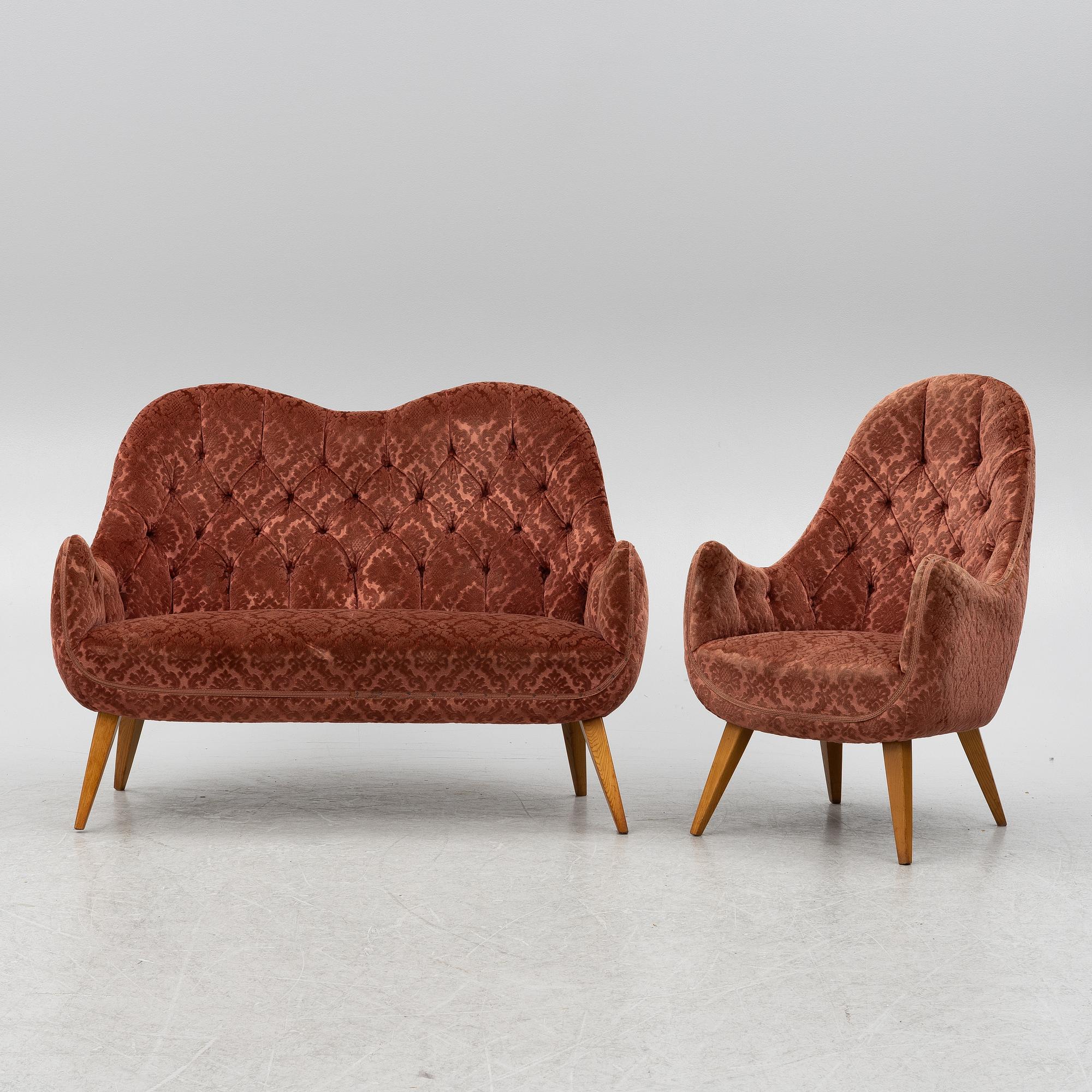 Sofa and armchair, Swedish Modern, Eks Malmö, mid-20th century.