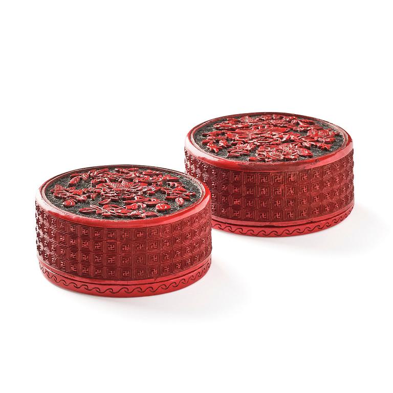 A pair of red lacquer boxes, Qing dynasty.