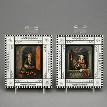 MINIATYRER, ett par, gouache, efter Gerard Dou och Nicolaes Maes, omkring 1900.