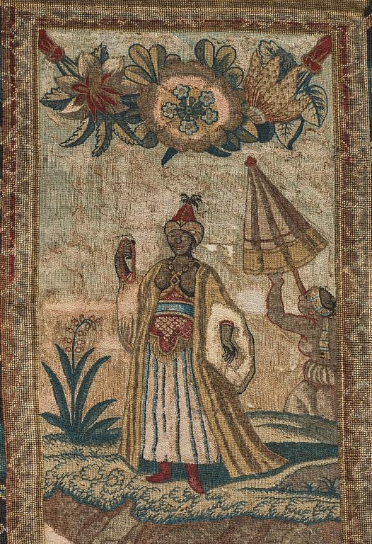 BRODERI. Korsstygn och petit point. 267,5 x 162,5 cm. Sannolikt England, omkring 1700.