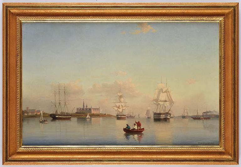 Ehrnfried Wahlqvist Warship at anchor in calm waters by Kronborg Castle.