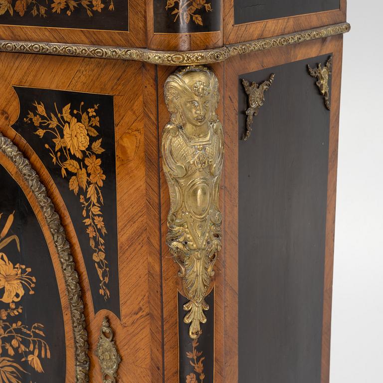 A Napoleon III ebonised, marquetry, and marble cabinet, later part of the 19th century.