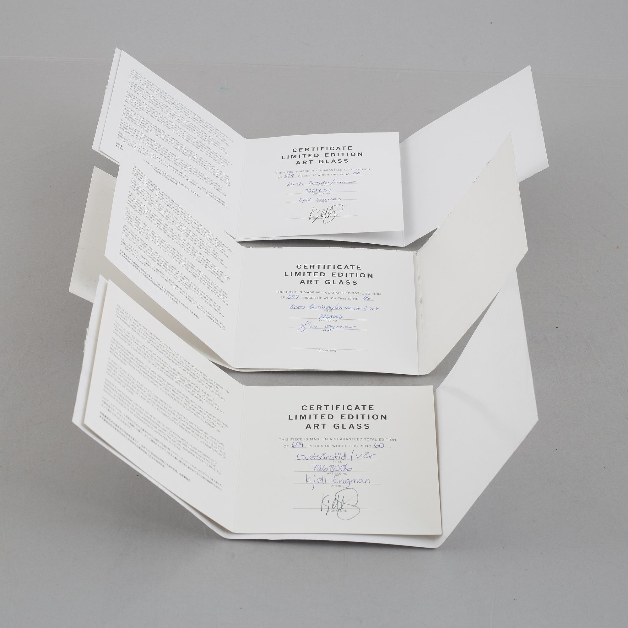 Kjell Engman, four glass reliefs, 'Livets årstider', Kosta Boda.