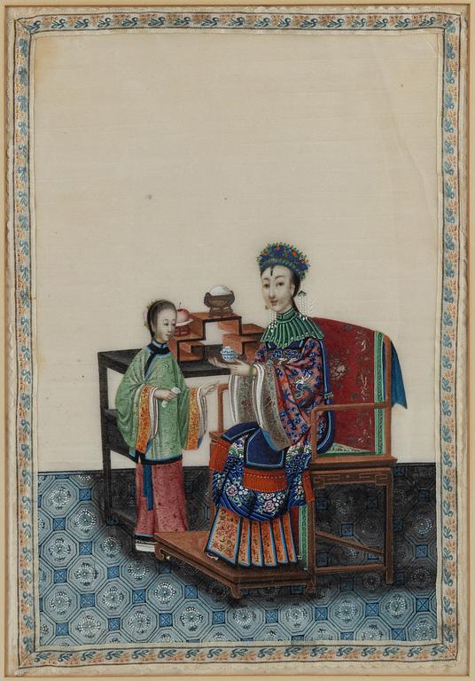 Målningar, ett par, på rispapper. Qingdynastin, 1800-tal.