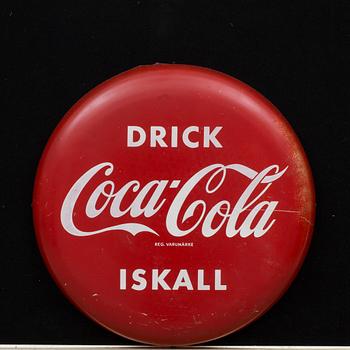 REKLAMSKYLT, metall, "Coca Cola", Tillverkad av ? Stockholm AB, 1900-talets mitt.