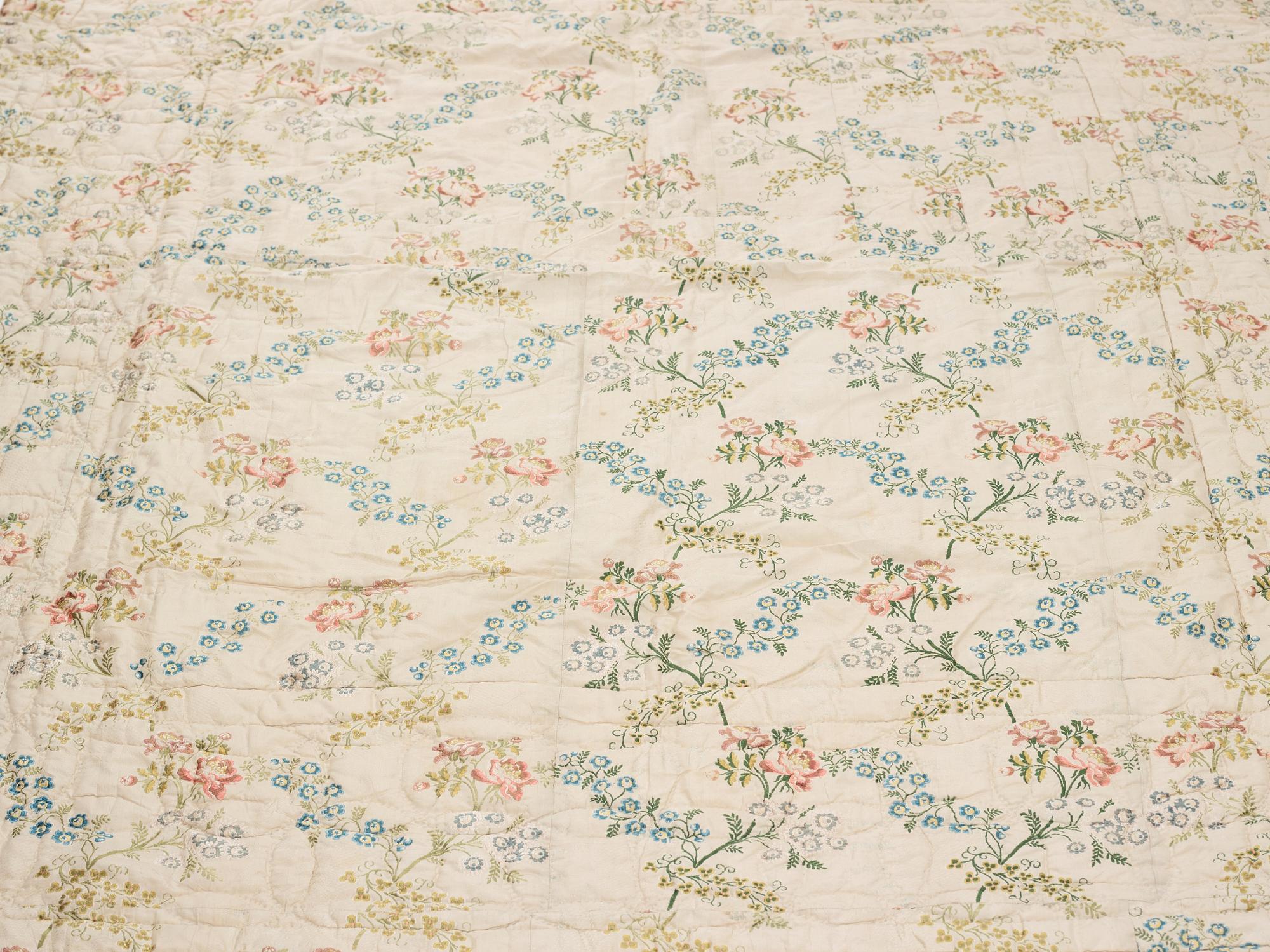 A SILK BED COVER, quilted, ca 192-193 x 164-170 cm, probably Sweden 18th century.