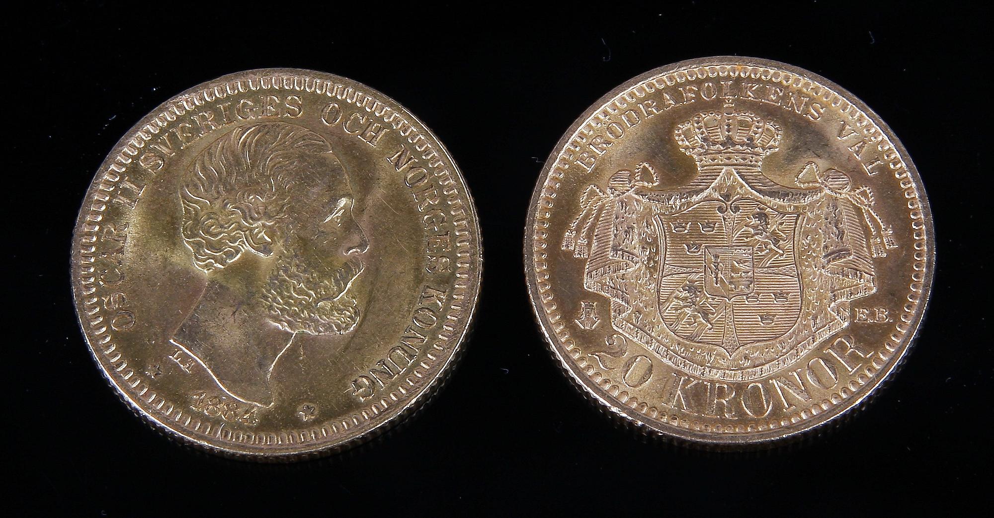 MYNT, 20 kronor, 2 st, guld, Oscar II Sveriges och Norges Konung. 1884 resp 1889. Totalvikt 18 gram.
