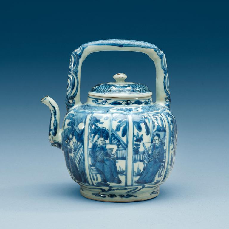 A blue and white tea pot with cover, Ming dynasty, Wanli (1572-1620).