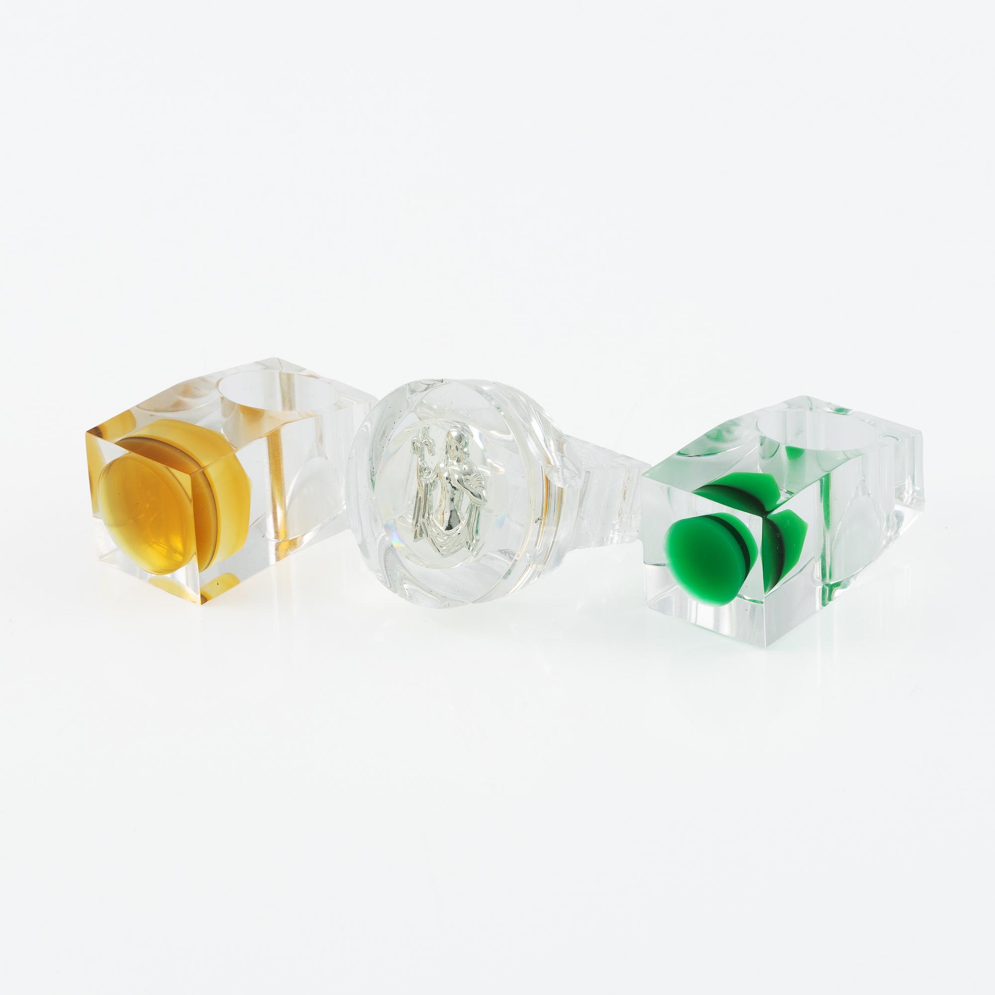 Siv Lagerström, three rings, and three sculptures, acrylic plastic, 1970s.