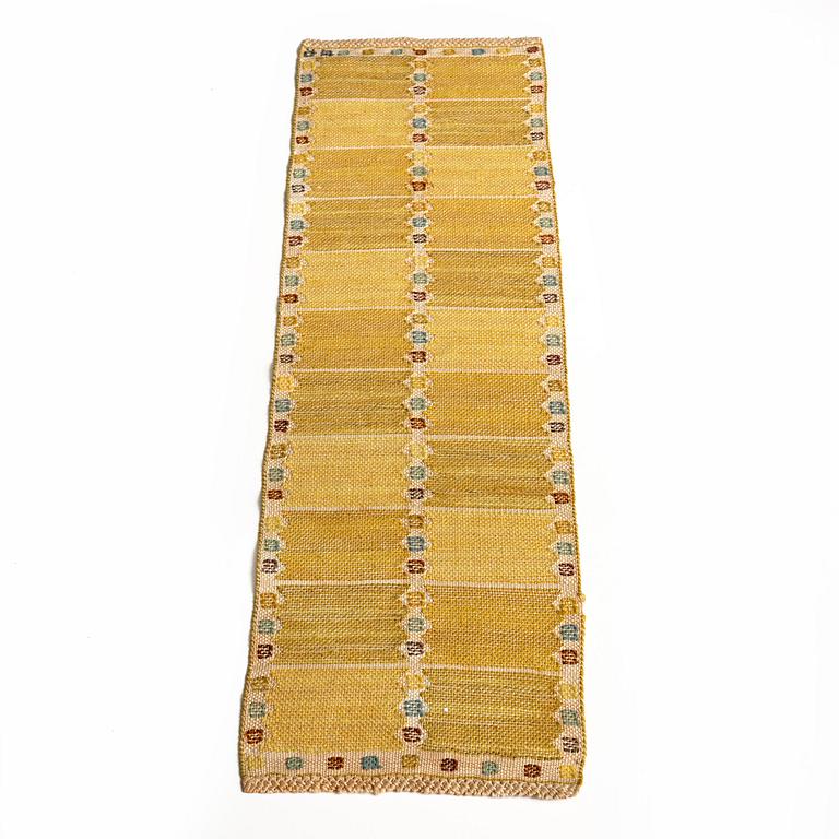 Barbro Nilsson, a 'Kvadrater på linne, gul' textile, flat weave, c 84 x 26 cm, signed BN.