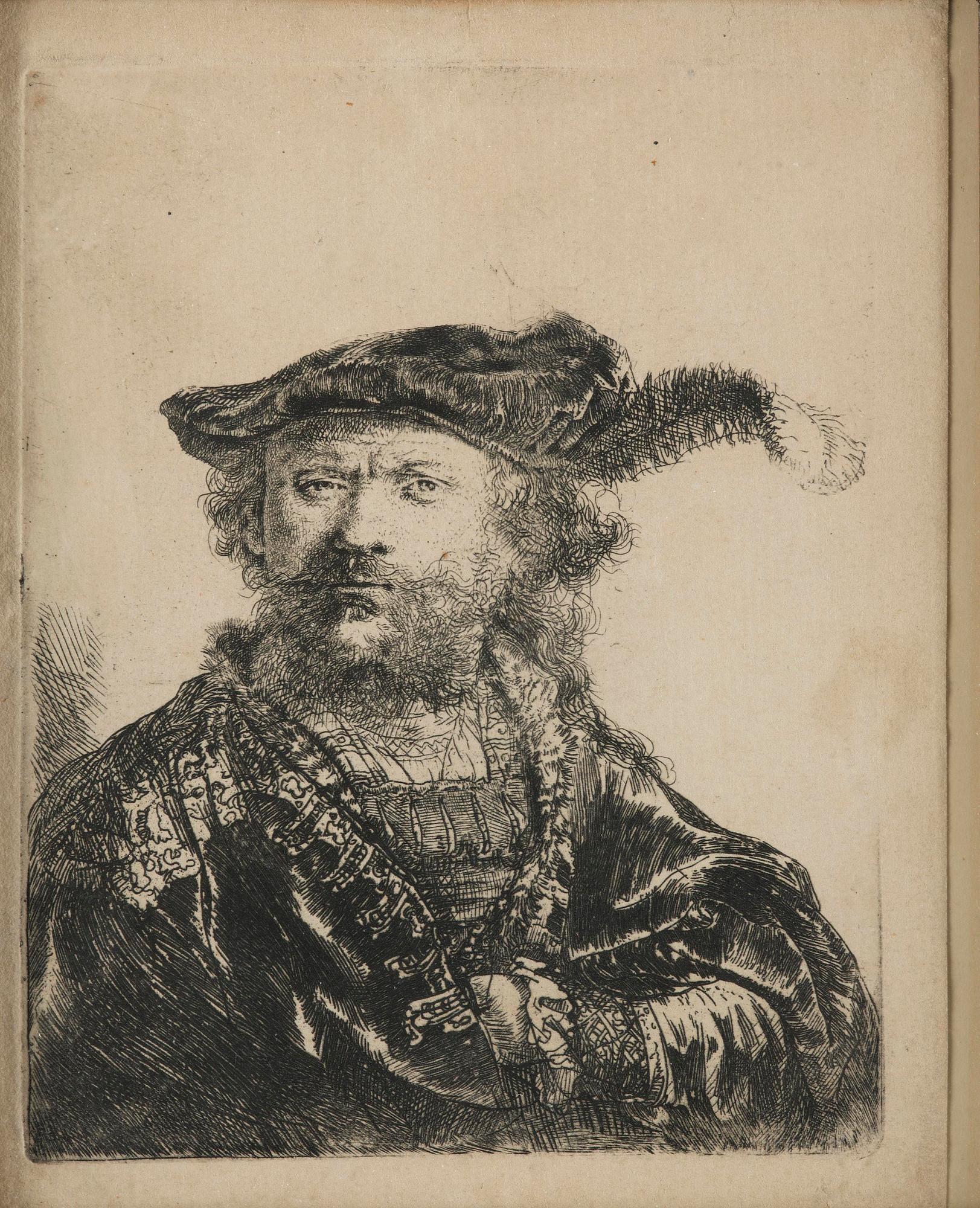 Rembrandt Harmensz van Rijn, Self portrait in a beret with a feather.