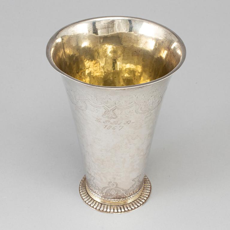 A Swedish 18th century parcel-gilt silver beaker, unmarked.