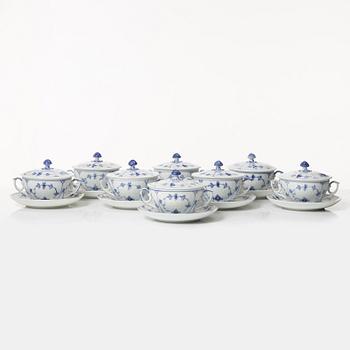 Royal Copenhagen, eight broth cups with lids and saucers, 'Musselmalet', Denmark, 1958-64.