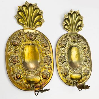 Johan F. Hellström, väggplåtar ett par, mässing, barockstil, Nyköping, 1898.