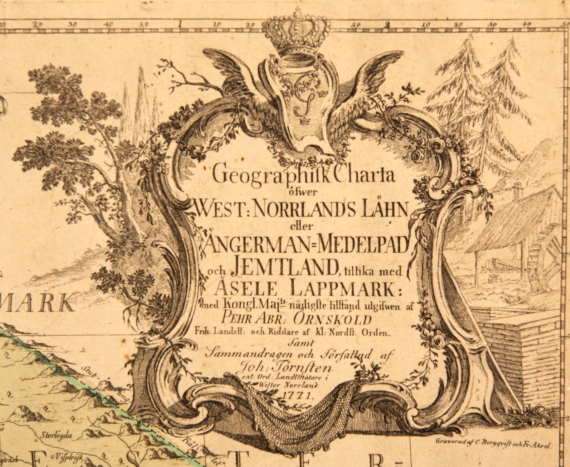 Johan Törnsten, map of middle Norrland Sweden, hand colored copper engraving, Stockholm 1771.