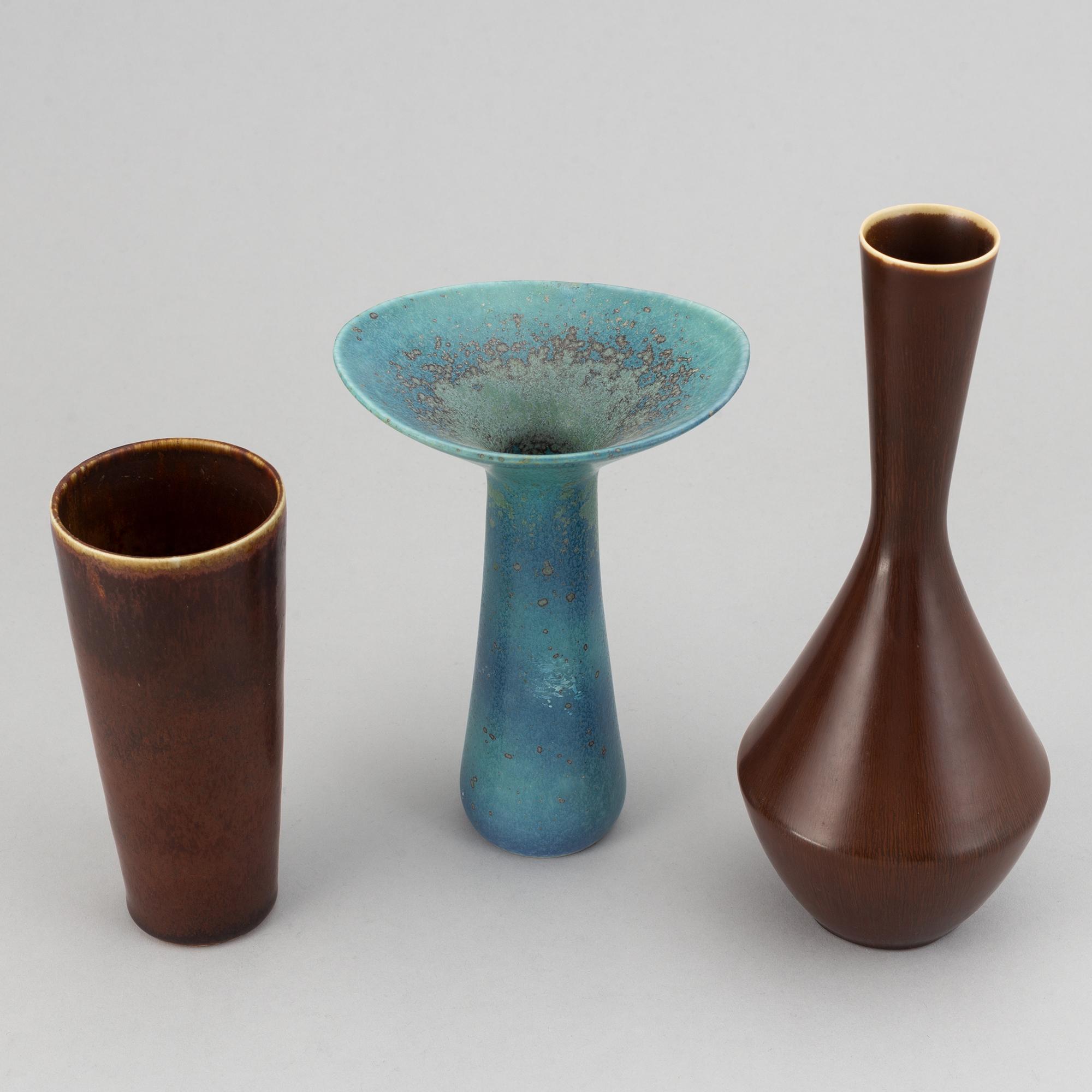 Carl-Harry Stålhane, three vases, stoneware, Rörstrand, Sweden.