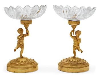 672. A pair of Empire early 19th century gilt bronze and glas centre pieces, possibly Russian.
