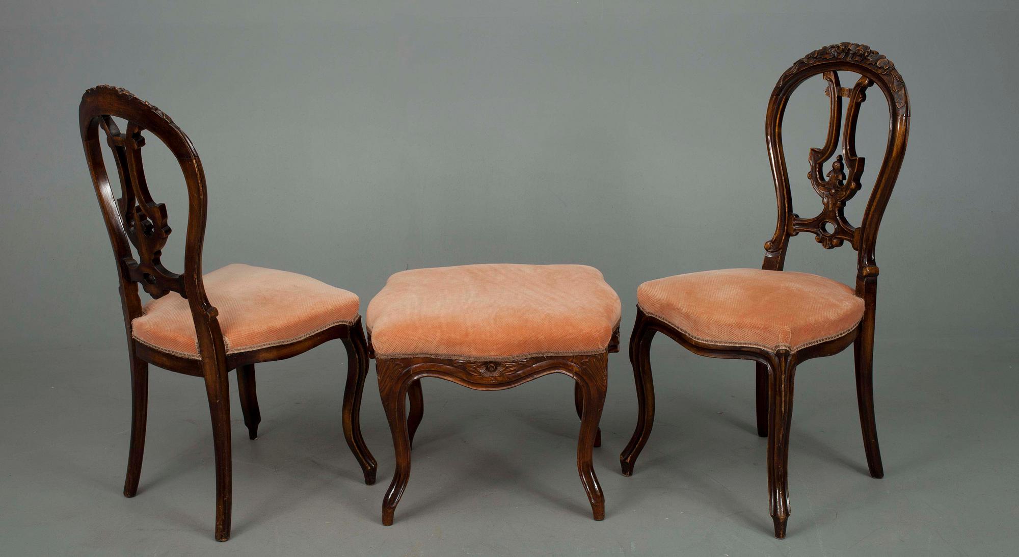 SOFFA, TABURETT samt STOLAR, ett par, nyrokoko-stil, 1800-talets slut.
