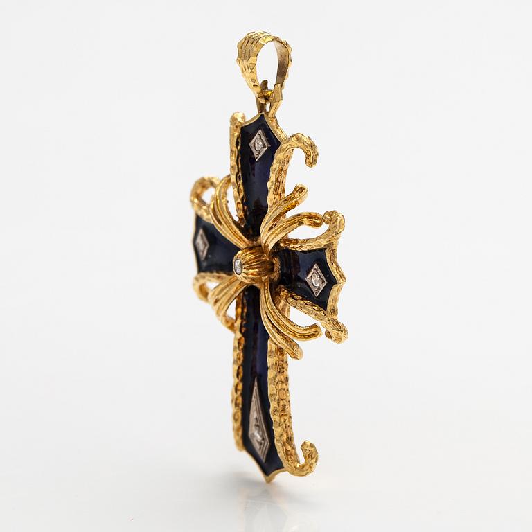 Riipus, risti, 18K kultaa, emalia ja ruusuhiottuja timantteja.