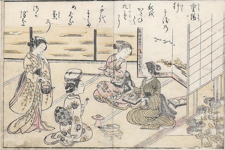 Två träsnitt, Katsushika Hokusai, efter och Suzuki Harunobu, efter, Japan 1800-tal.