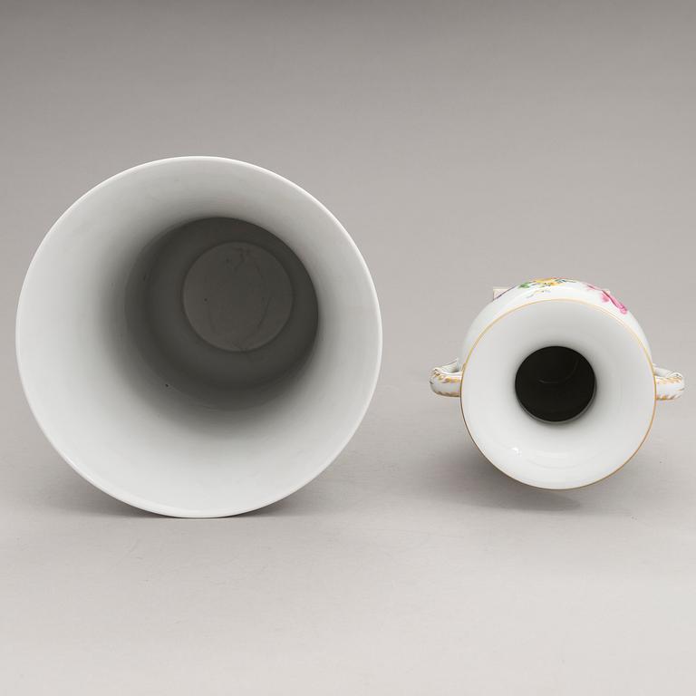 Two Meissen porcelain vases, a platter, an urn and a lidded box from the latter half of 20th century.