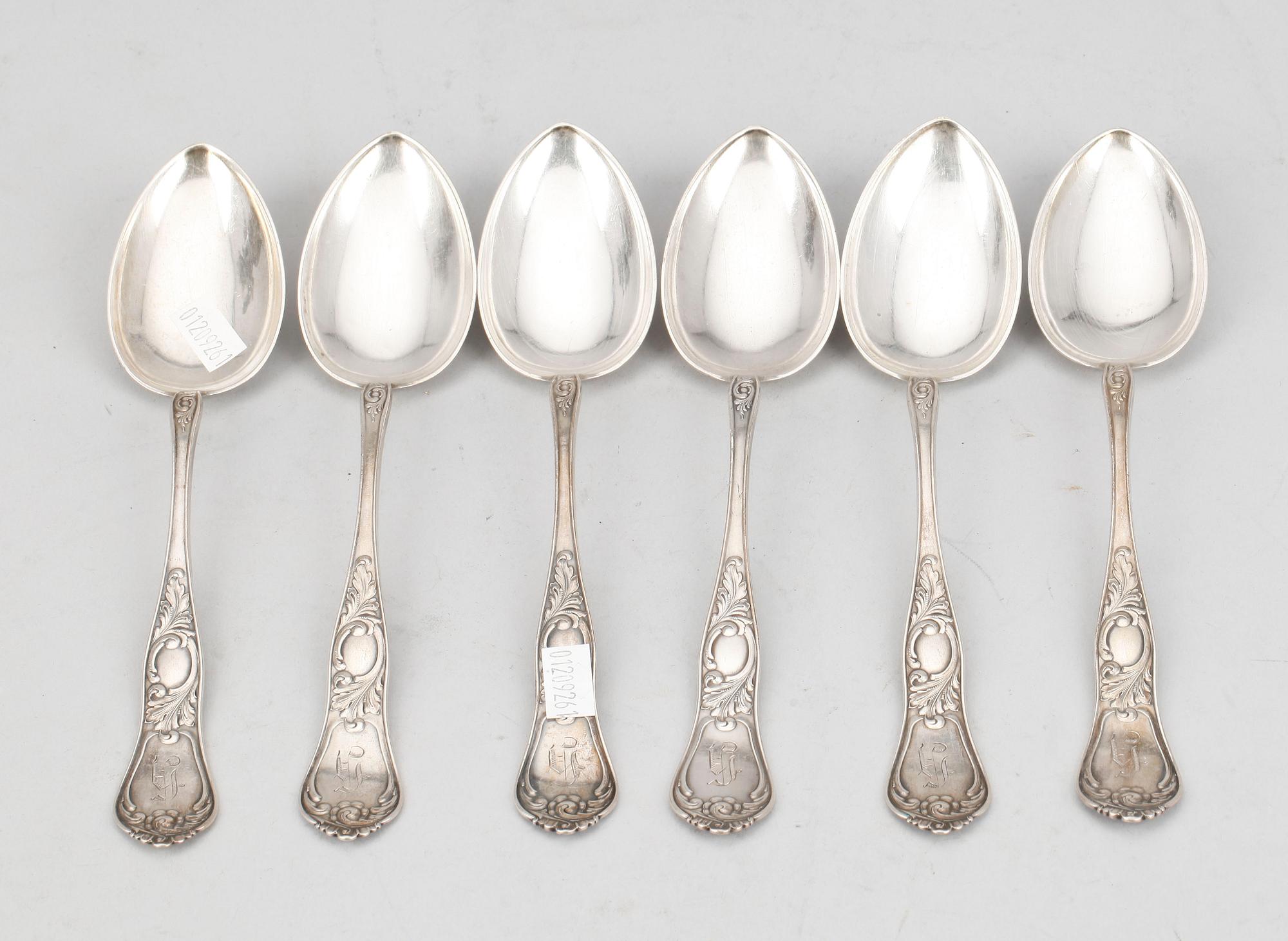 MATSKEDAR, 6 st, silver, Magnus Aase, Bergen, verksam 1876-1953. Total vikt ca 238g.