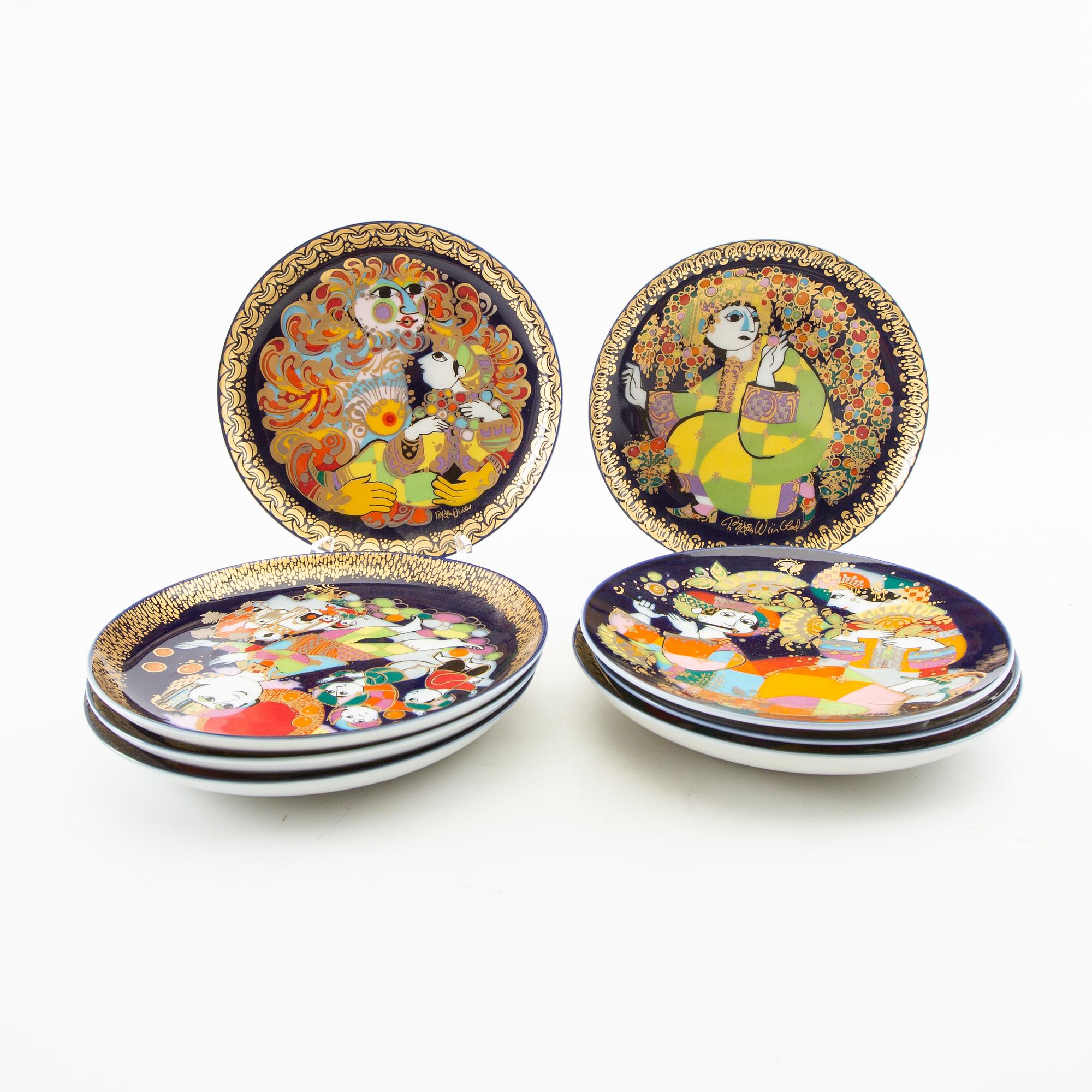 Björn Wiinblad, plates/wall plates 6+2 pcs "Aladdin and the Magic Lamp" Rosenthal Tsykland porcelain.