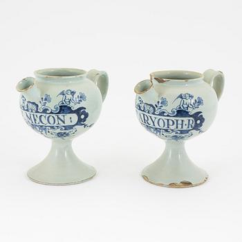 A pair of glazed earthenware apothecary pots, 18th century, presumably Holland.