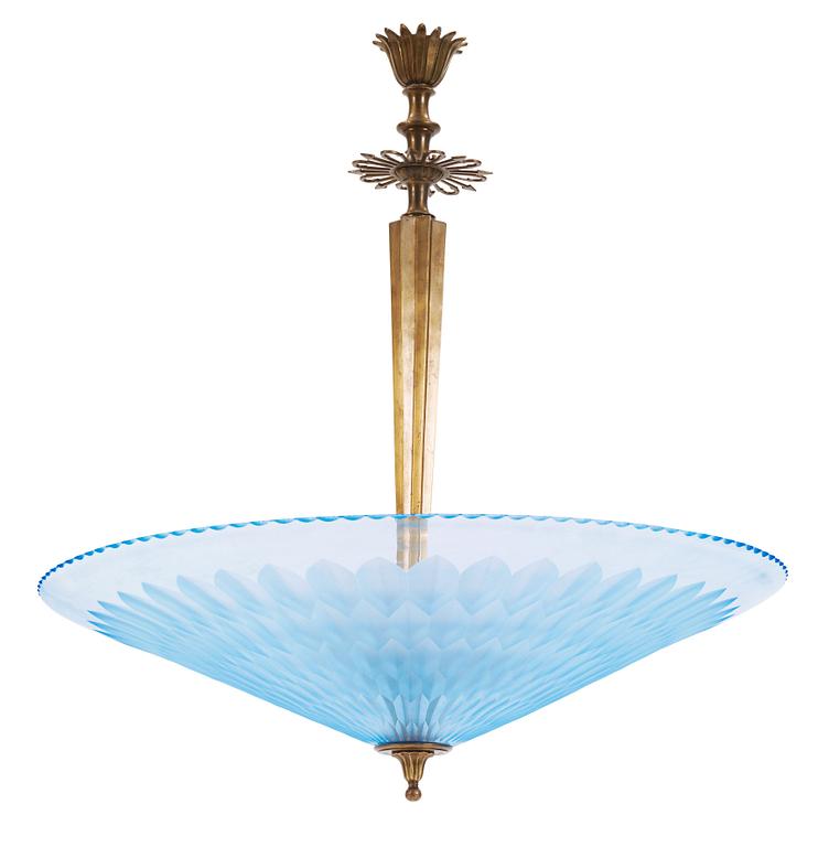 An Edward Hald cut glass and patinated metal hanging lamp, Orrefors 1920's-30's.