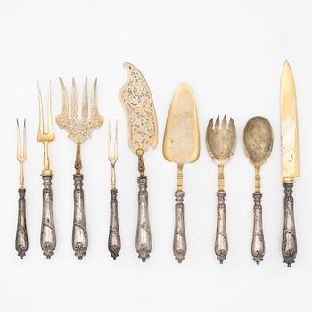 Serving cutlery, 9 pieces, silver, Rococo style, Germany, circa 1900.